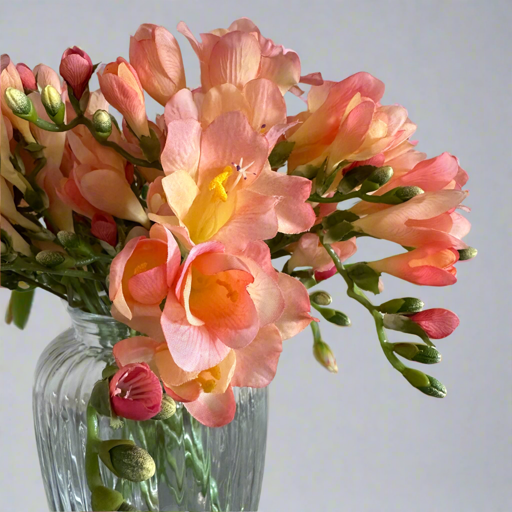 Close-up of artificial rose pink–peach orchid flowers, showing soft blended petals, gentle colour variation and natural veining