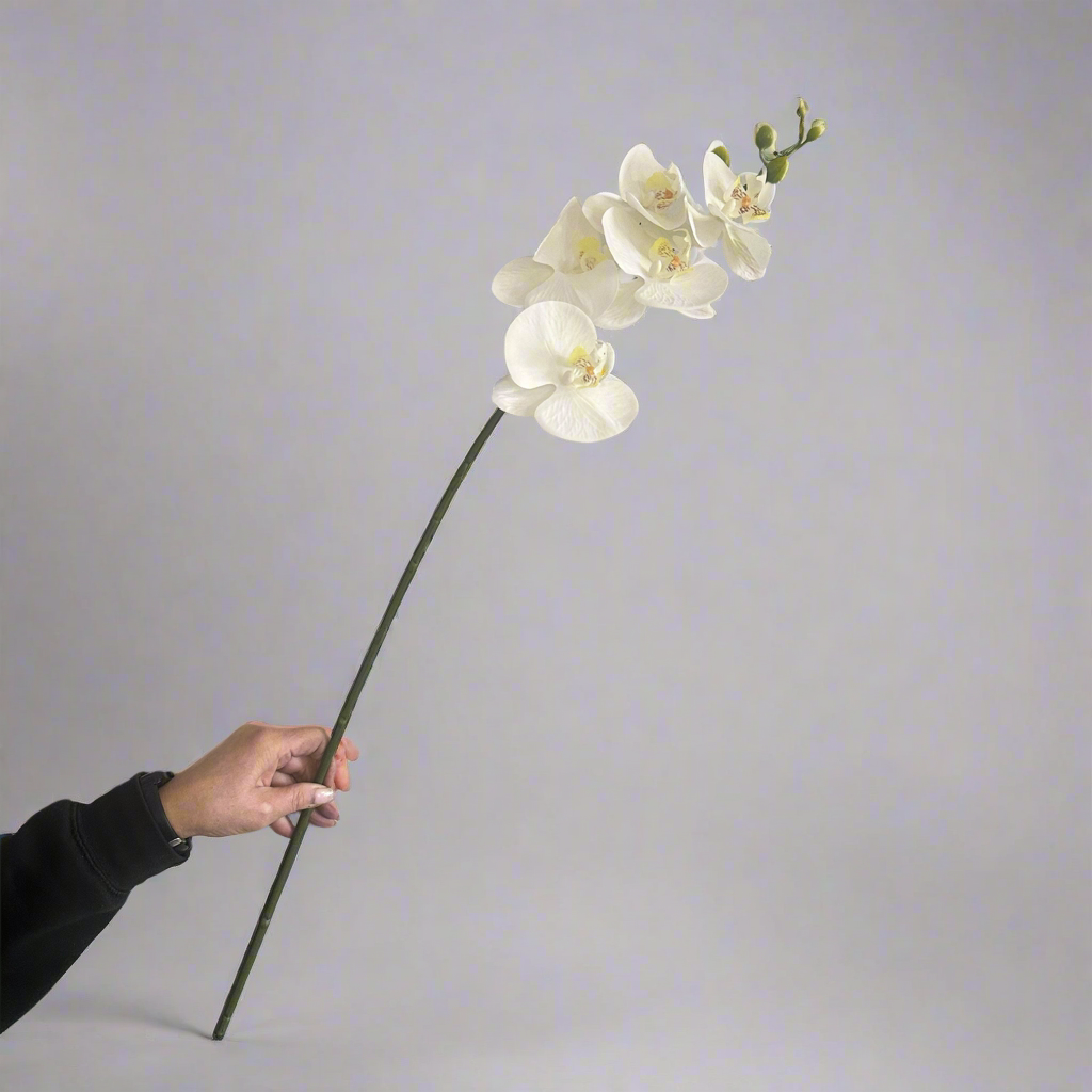 Artificial white orchid stem being held in hand, featuring open orchid blooms and unopened buds on a long slender stem.