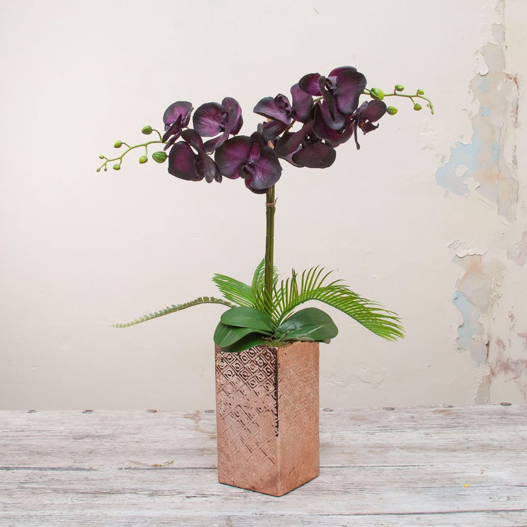 Artificial Black Phalaenopsis Orchid in a Rose Gold Ceramic Vase
