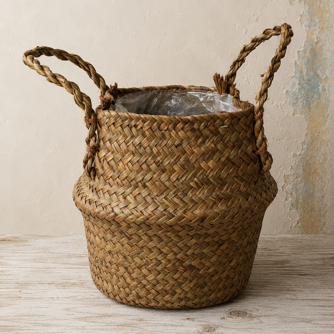 Natural woven rattan belly basket with two handles and a rustic textured finish.