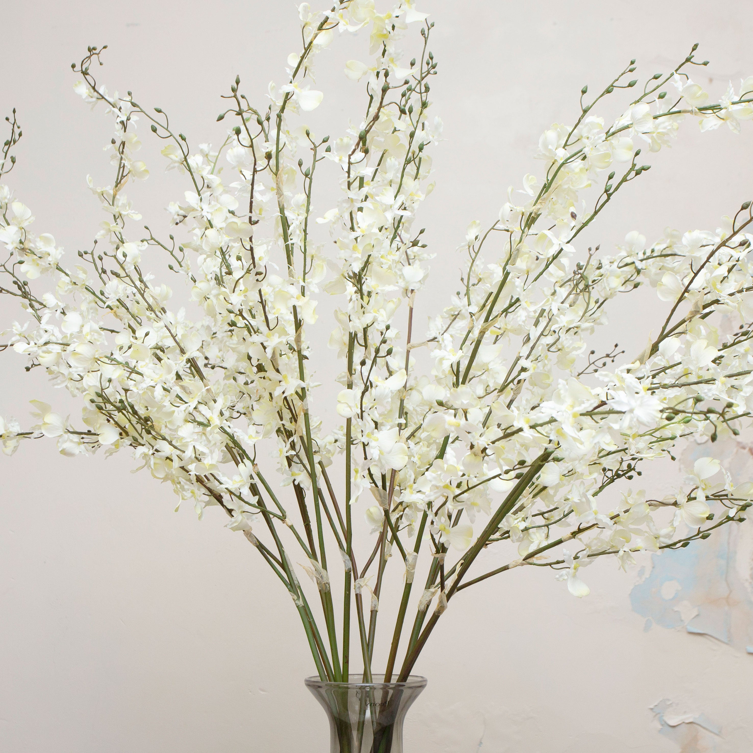 Close-up of artificial white dancing orchid flowers showing delicate petals and soft white colour detail.
