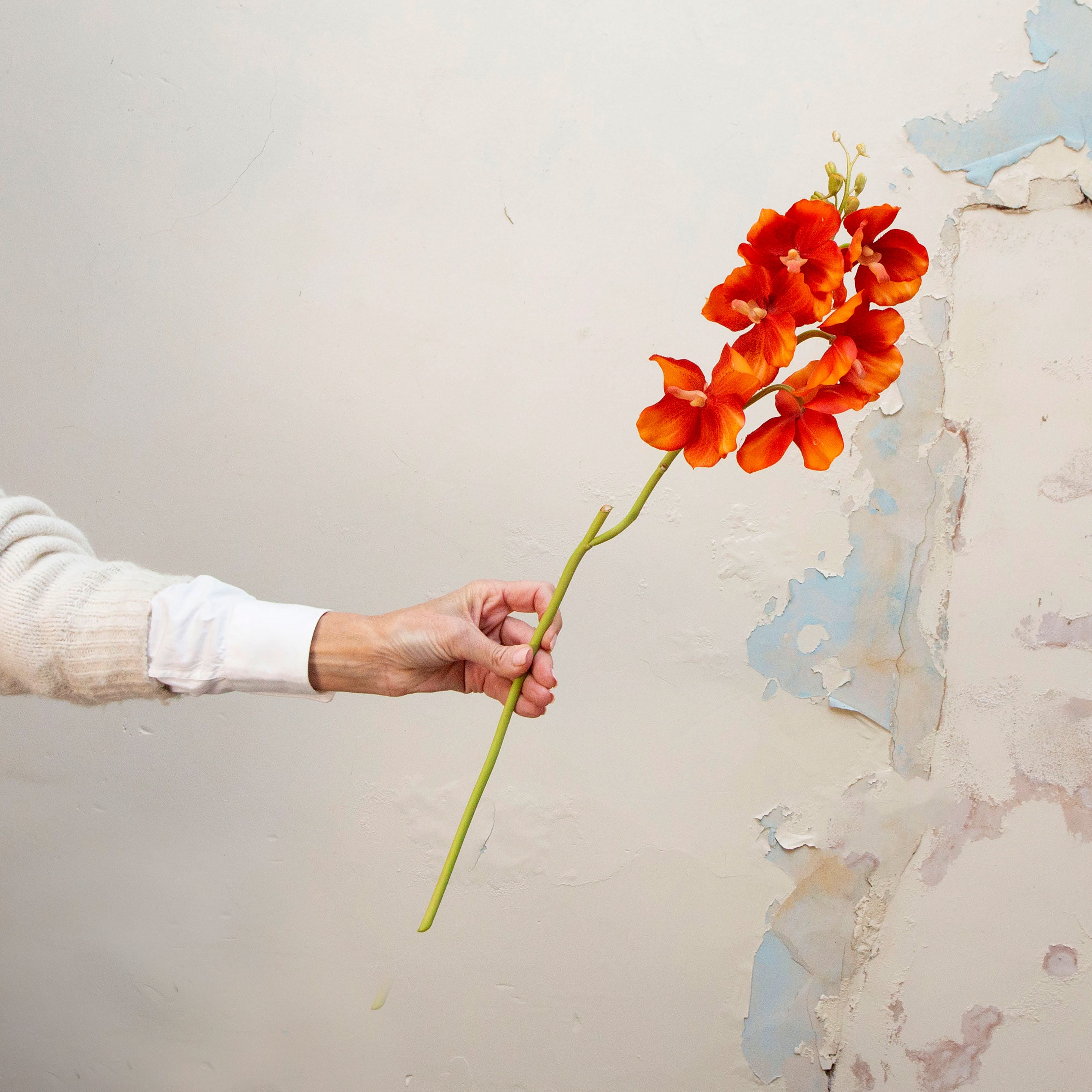 Artificial orange vanda orchid spray stem held in hand, featuring vibrant orange blooms and green stem