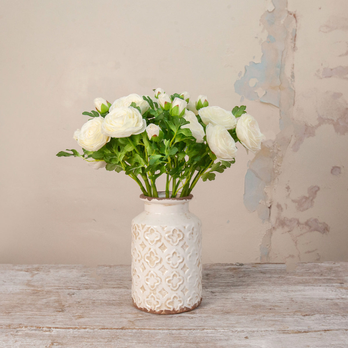 Artificial Ranunculus Spray Stem with white ranunculus flowers, buds and green foliage