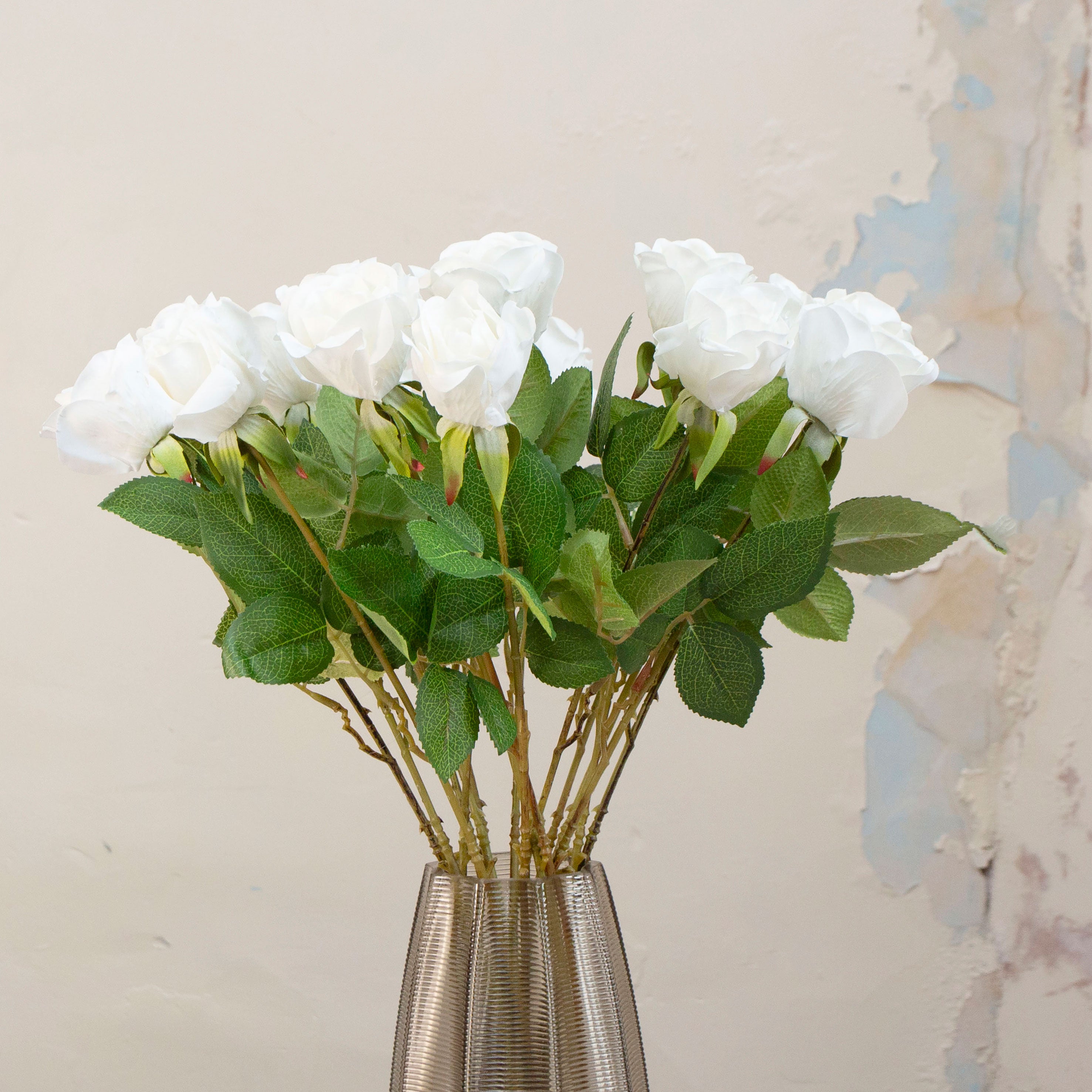 Artificial white Real Touch Rose with Foliage on a Long Stem Close up