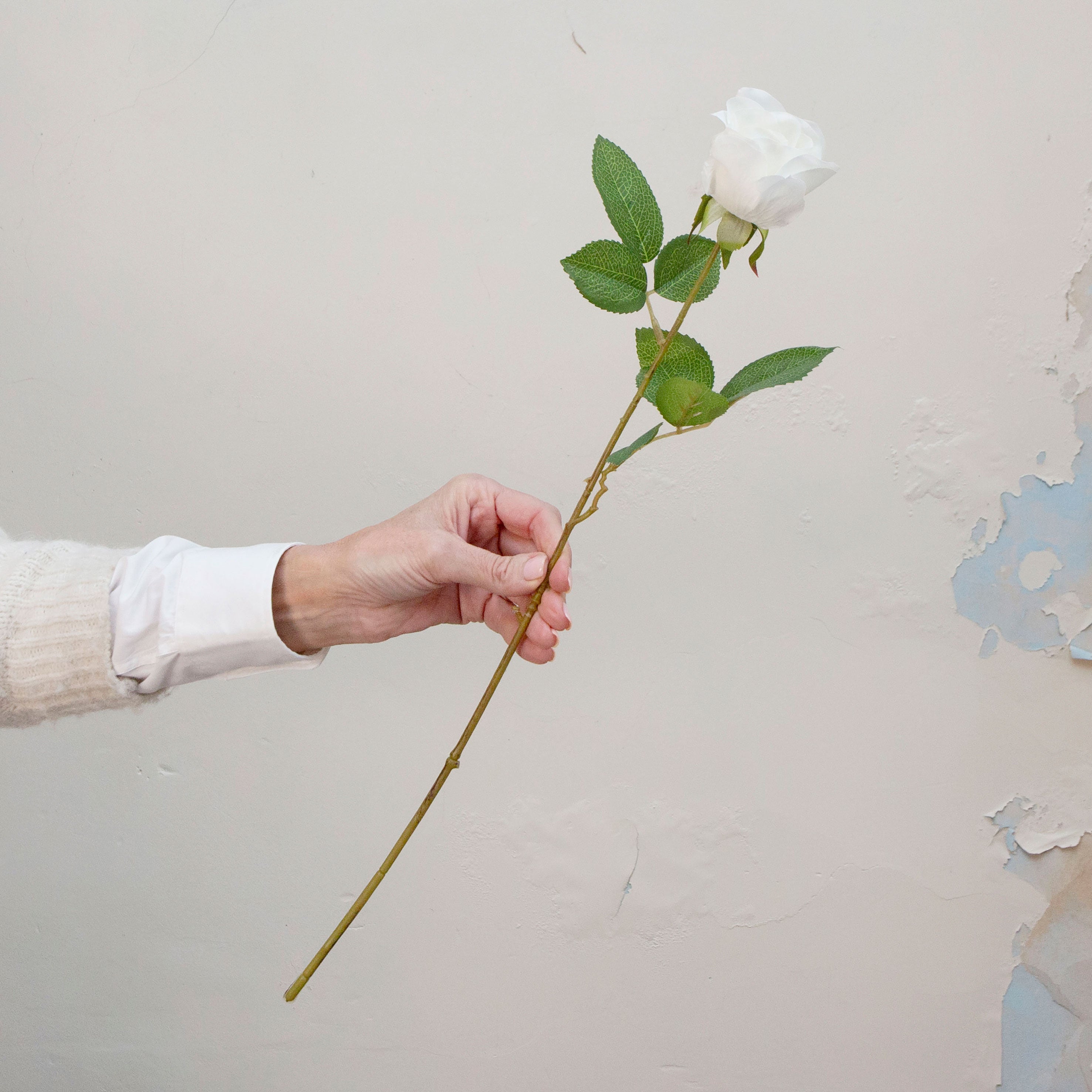 Artificial white Real Touch Rose with Foliage on a Long Stem