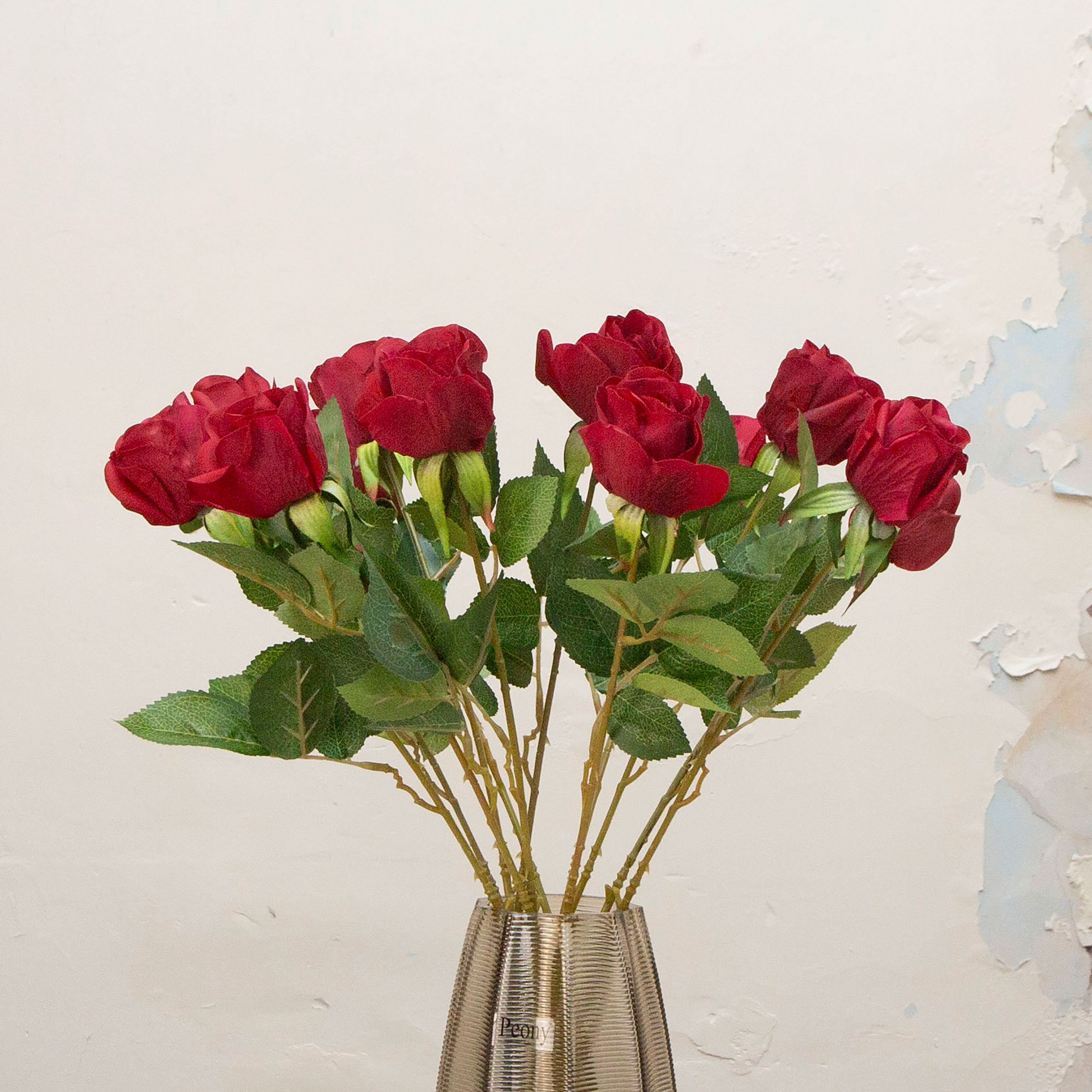 Artificial white red Touch Rose with Foliage on a Long Stem Close up