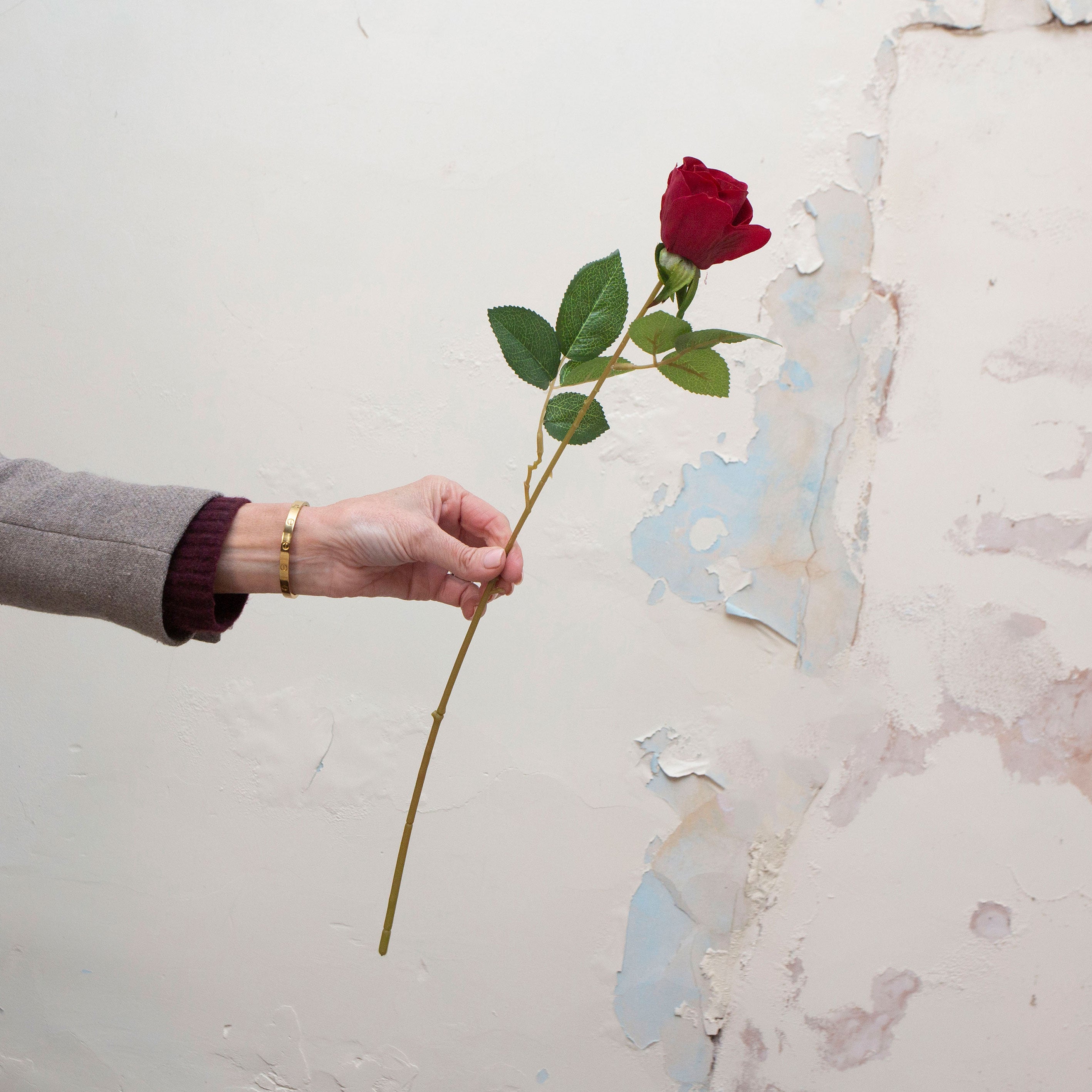 Artificial red Real Touch Rose with Foliage on a Long Stem