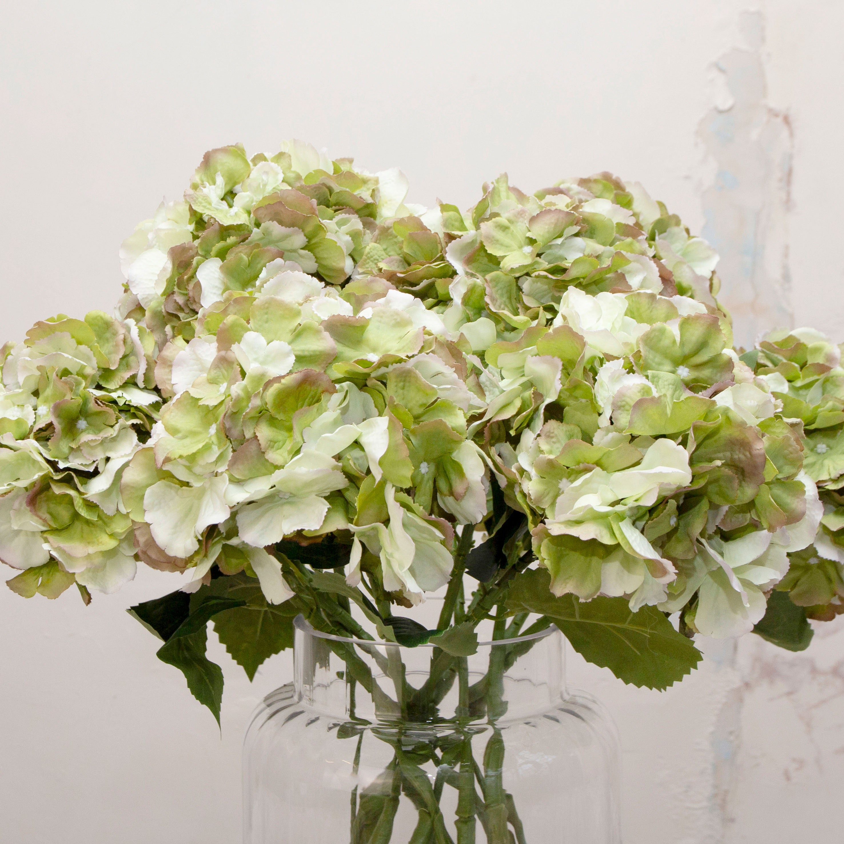 Close-up of artificial hydrangea flower, showing layered soft green petals with gentle blush detailing, natural colour variation and realistic texture