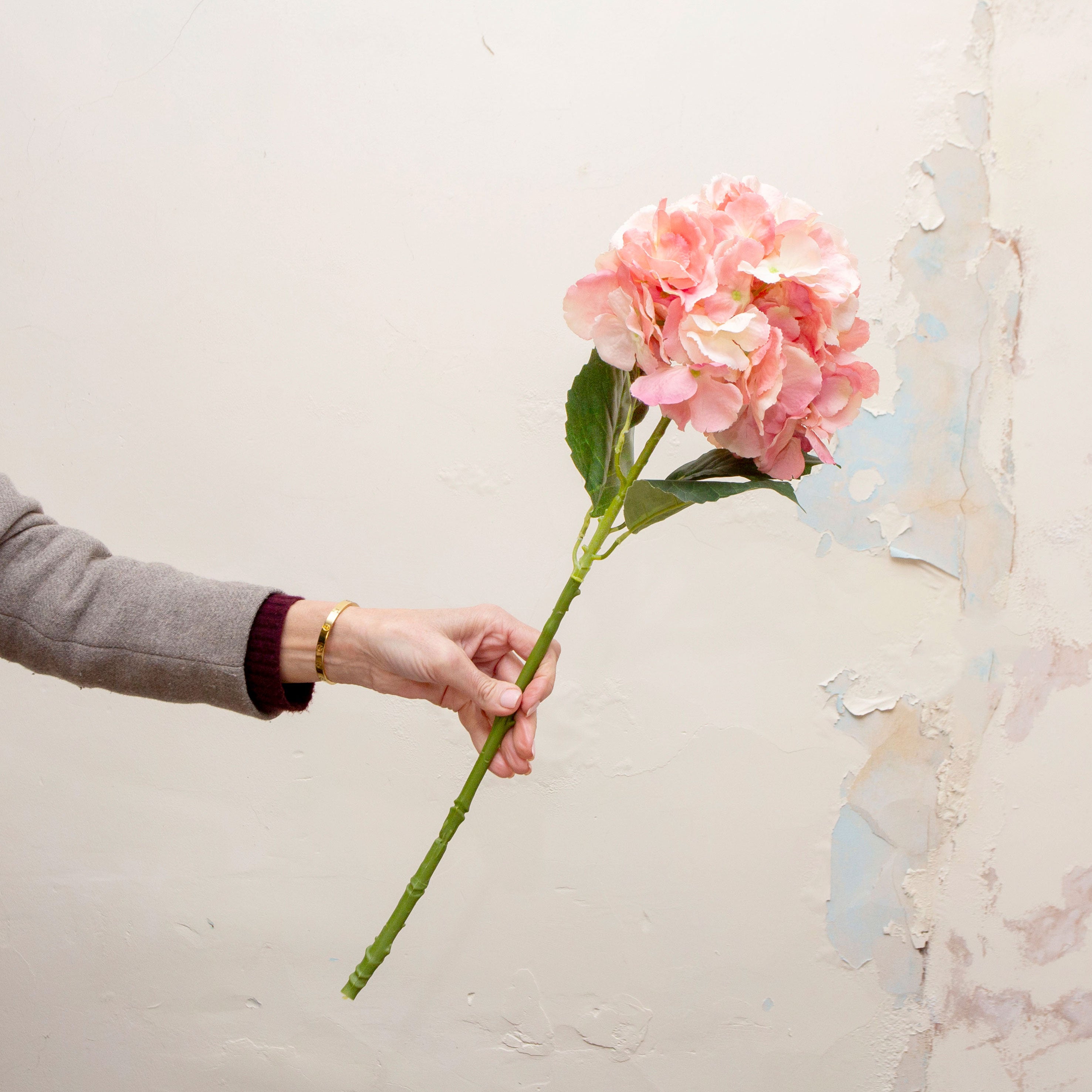 Artificial hydrangea stem being held in hand, featuring a full rounded flower head with layered petals in soft peach and pale pink tones