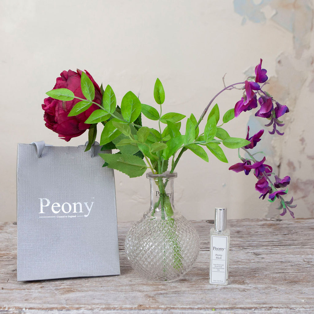 Magenta Peony & Wisteria in a Vintage Bottle Vase with Gift Bag & Fragrance