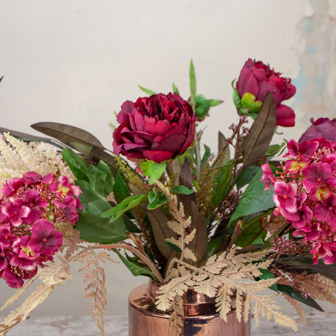 Close up of Peony, Rose, Astilbe and Foliage in a Contemporary Two Toned Pot