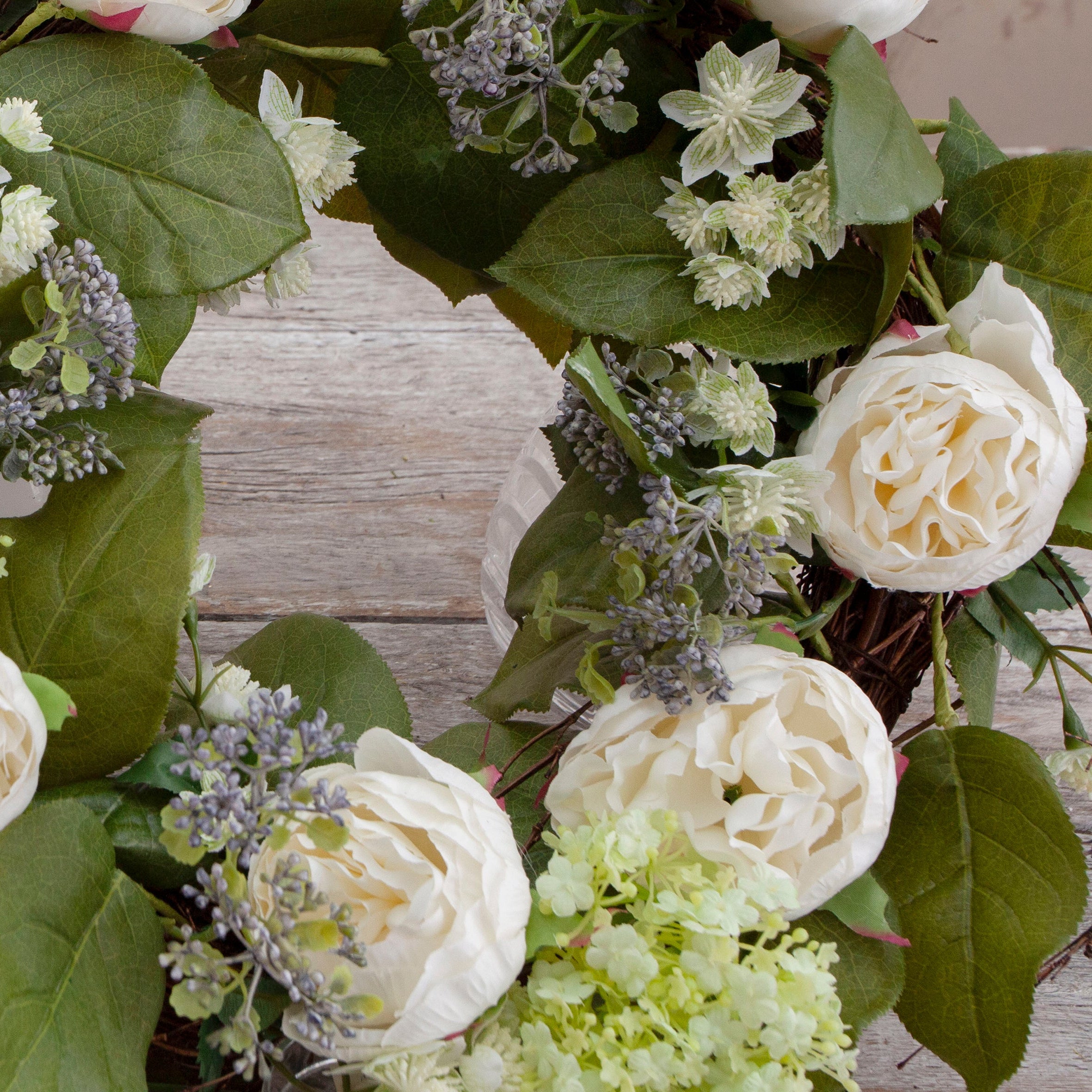 Artificial peony summer wreath with full peony blooms, suitable for front doors or interior wall display