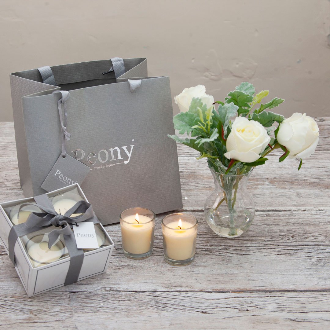 Rose & Dusty Miller Set in a Pristina Vase with Candles and Fragrance Peony