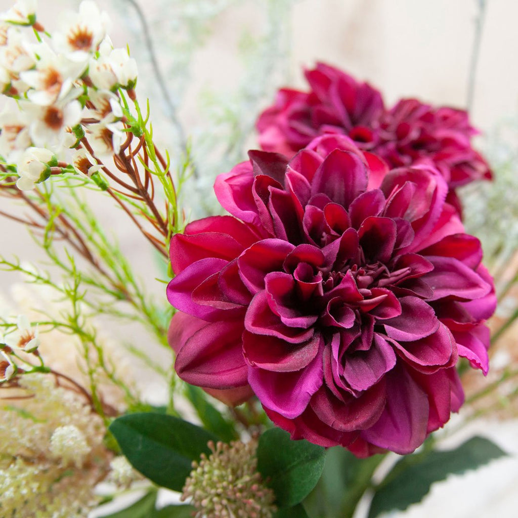 Purple Dhalias with Astilbe and Foliage in a Glass Vase Peony