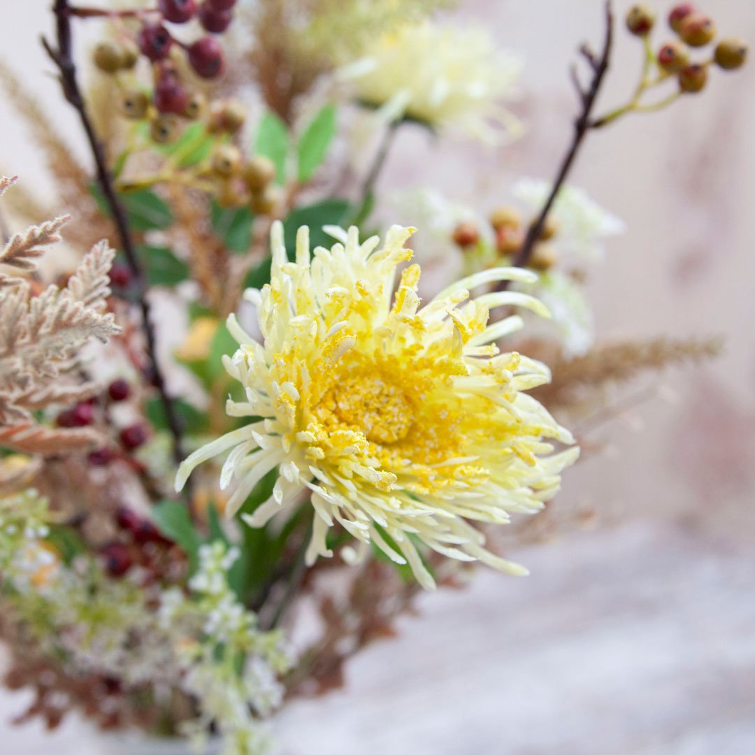 Yellow Chrysanthemums and Foliage with Woody Branched Berries Peony
