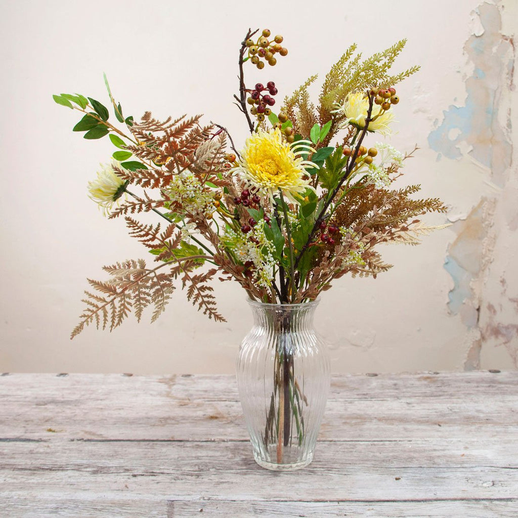 Yellow Chrysanthemums and Foliage with Woody Branched Berries Peony