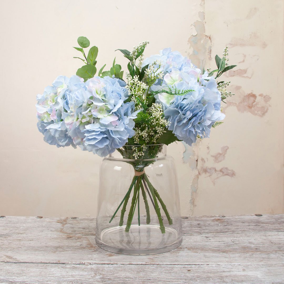 Blue Pom Pom Hydrangea, Eucalyptus Berries and Foliage Bouquet Peony
