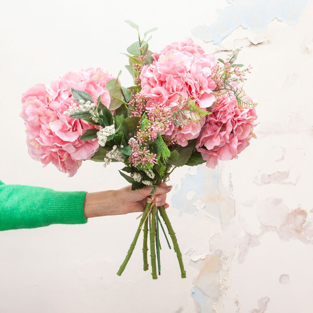 Pink Pom Pom Hydrangea, Eucalyptus Berries and Foliage Bouquet Peony