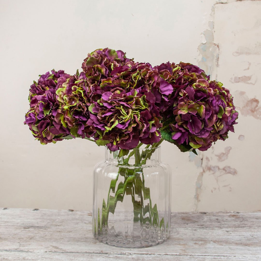 Purple and Green Pom Pom Hydrangea Stem with Leaves Peony