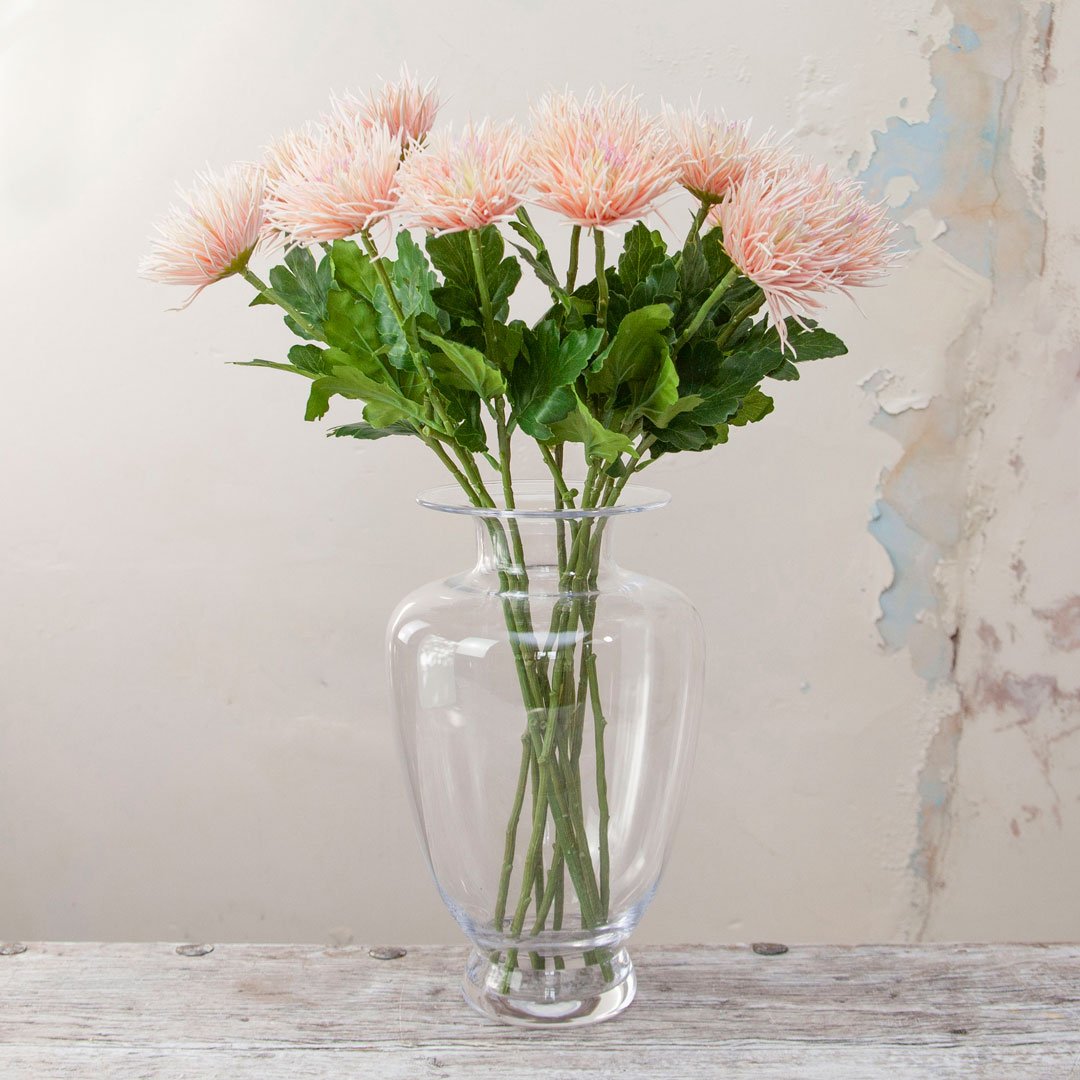 Real Touch Peak / Pink Spider Chrysanthemum Stem with Leaves Peony