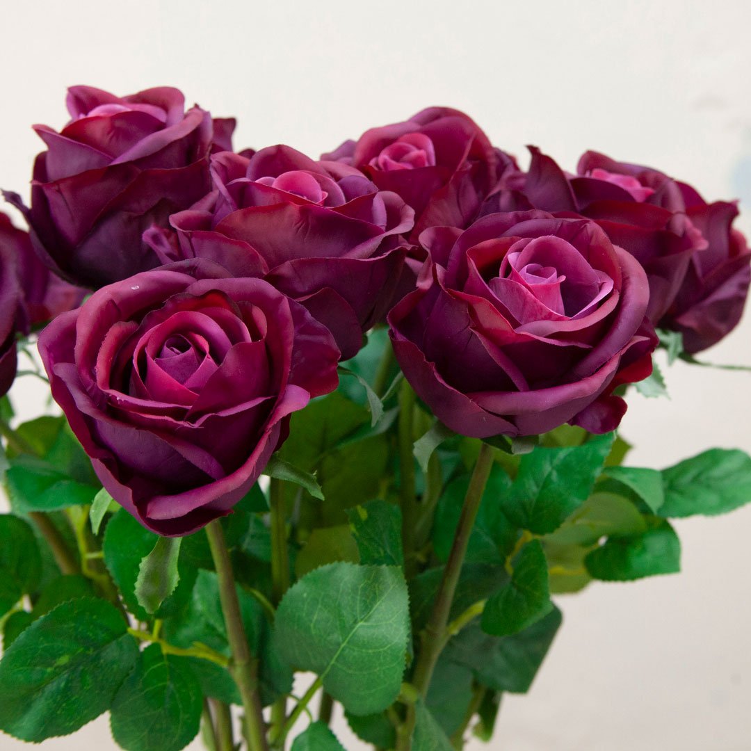 Real Touch Dark Purple Avalanche Rose Stem with Leaves Peony