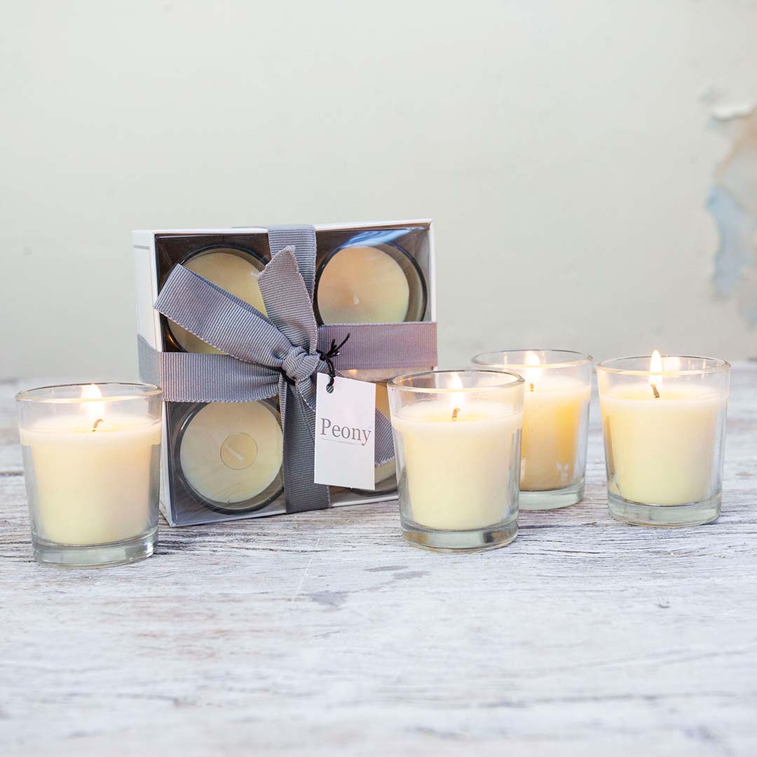 Set of 4 gift boxed fresh flower fragrant votive candles Peony
