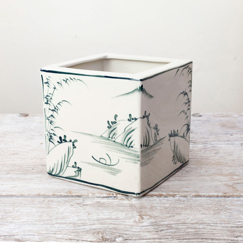 Large, Oriental Blue and White Cube Planter Peony