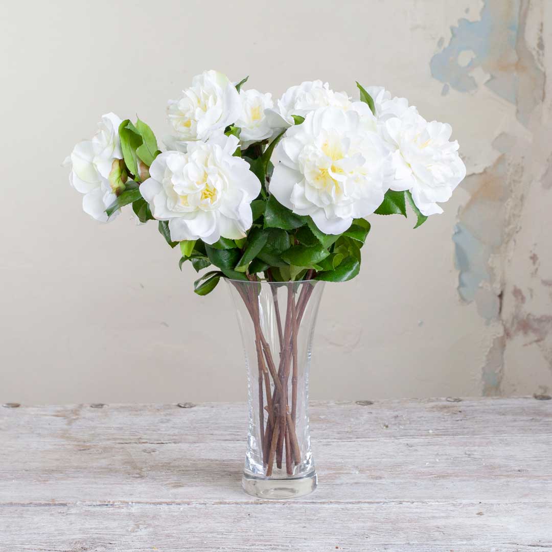 White Camellia Stem with Leaves Peony
