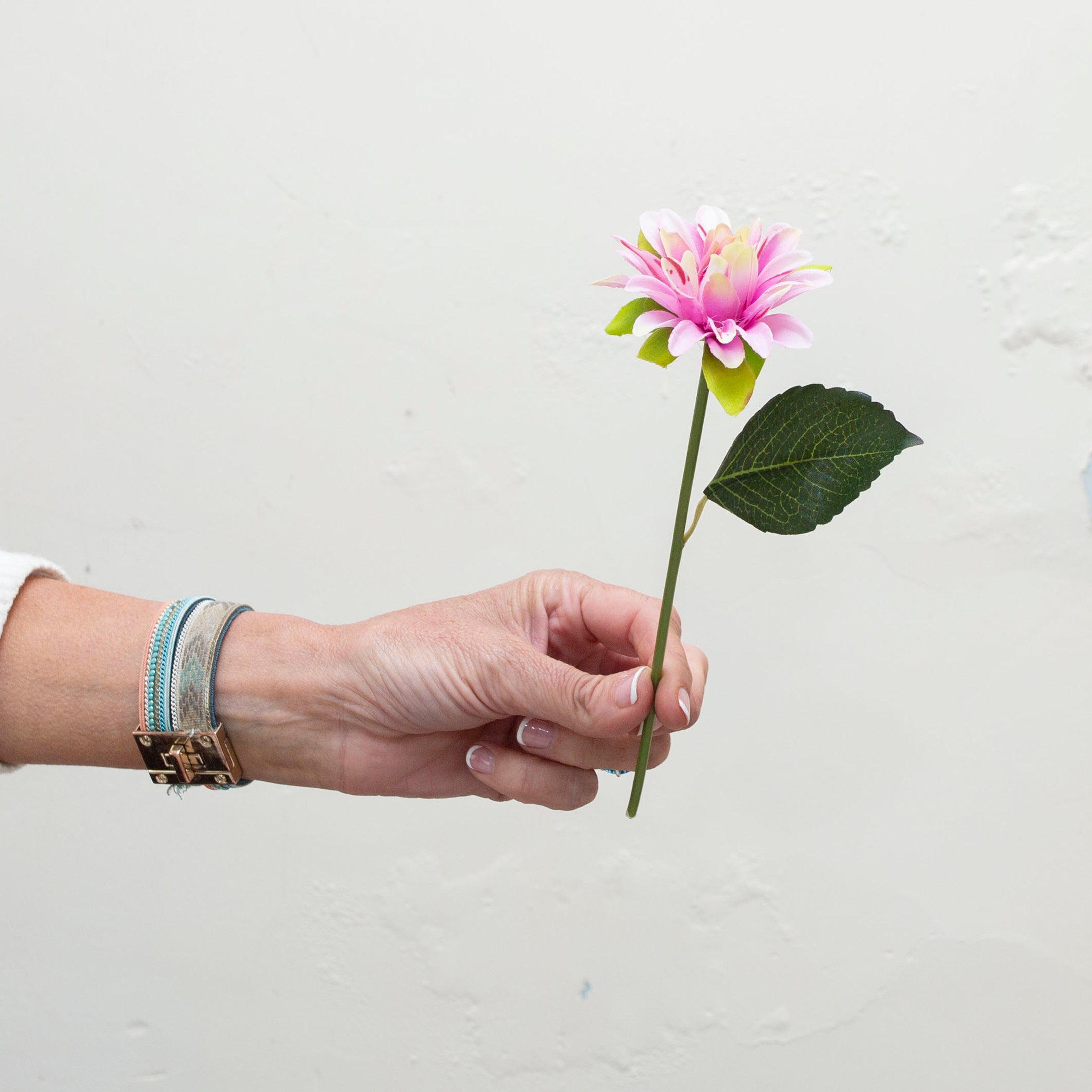 Hand holding Artificial pink Dahlia stem pick