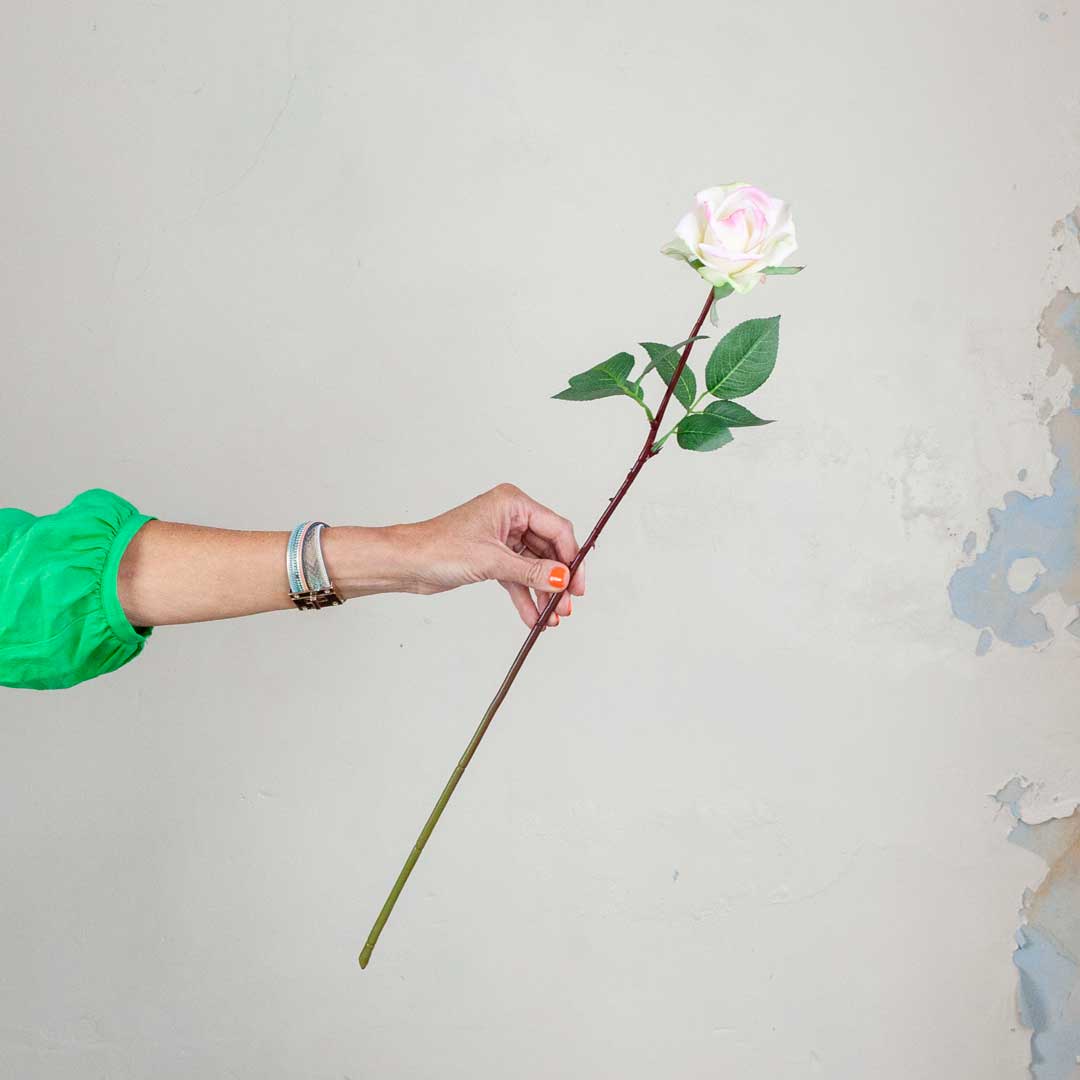 Real Touch Rose Bud with Leaves on a Long Stem Peony