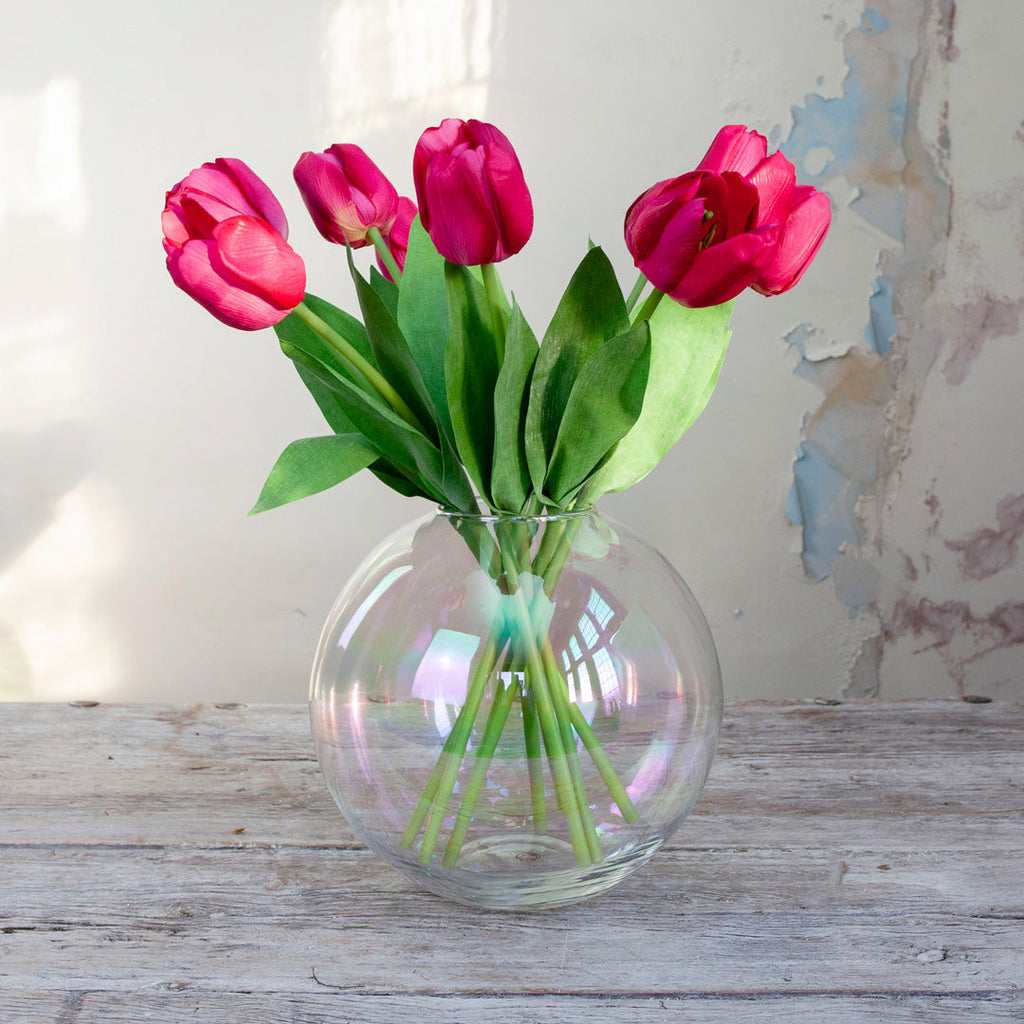 Artificial Fuchsia Tulips in a Lustre Fish Bowl Vase Peony
