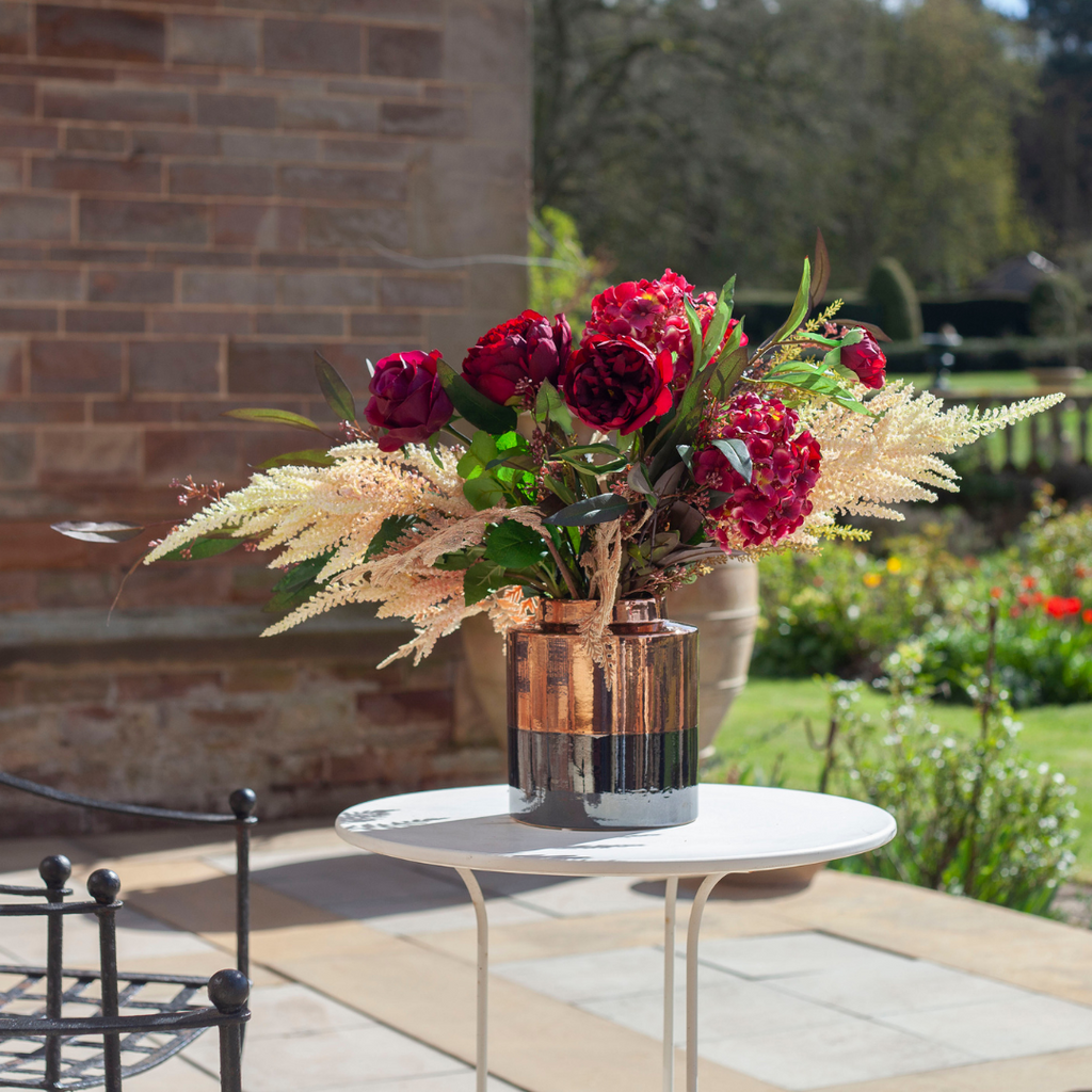 Peony, Rose, Astilbe and Foliage in a Contemporary Two Toned Pot Lifestyle