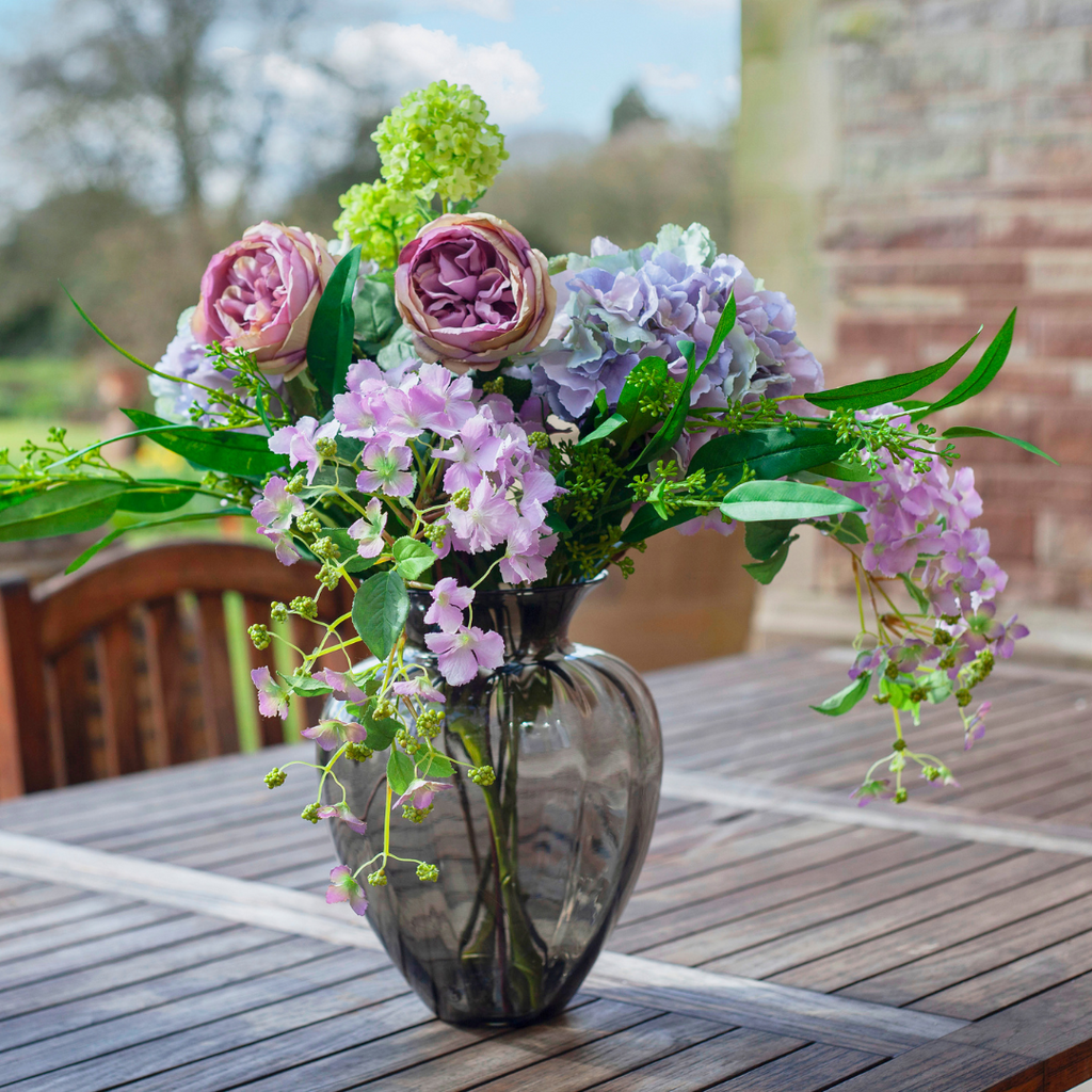 Roses, Hydrangea and Foliage in a Smoked Optic Vase Lifestyle