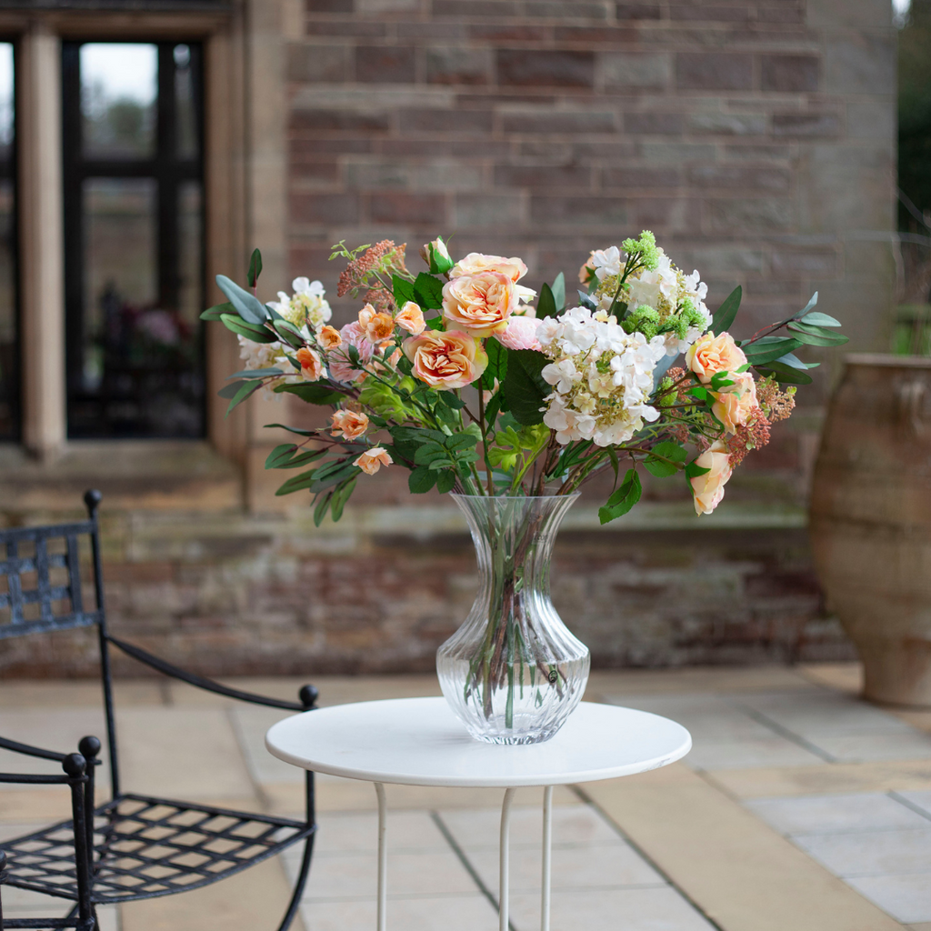 Roses, Hydrangea & Eucalyptus in a Grand Waisted Ridged Vase Lifestyle