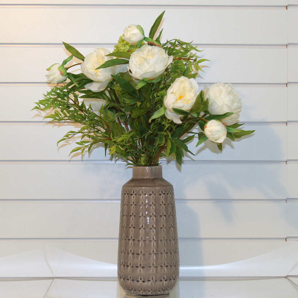 Bridal White Peonies and Foliage in a Unique Ceramic Grey Vessel