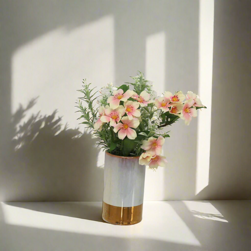 Two toned ceramic vessel with astrantia and foliage - Peony Faux Flowers