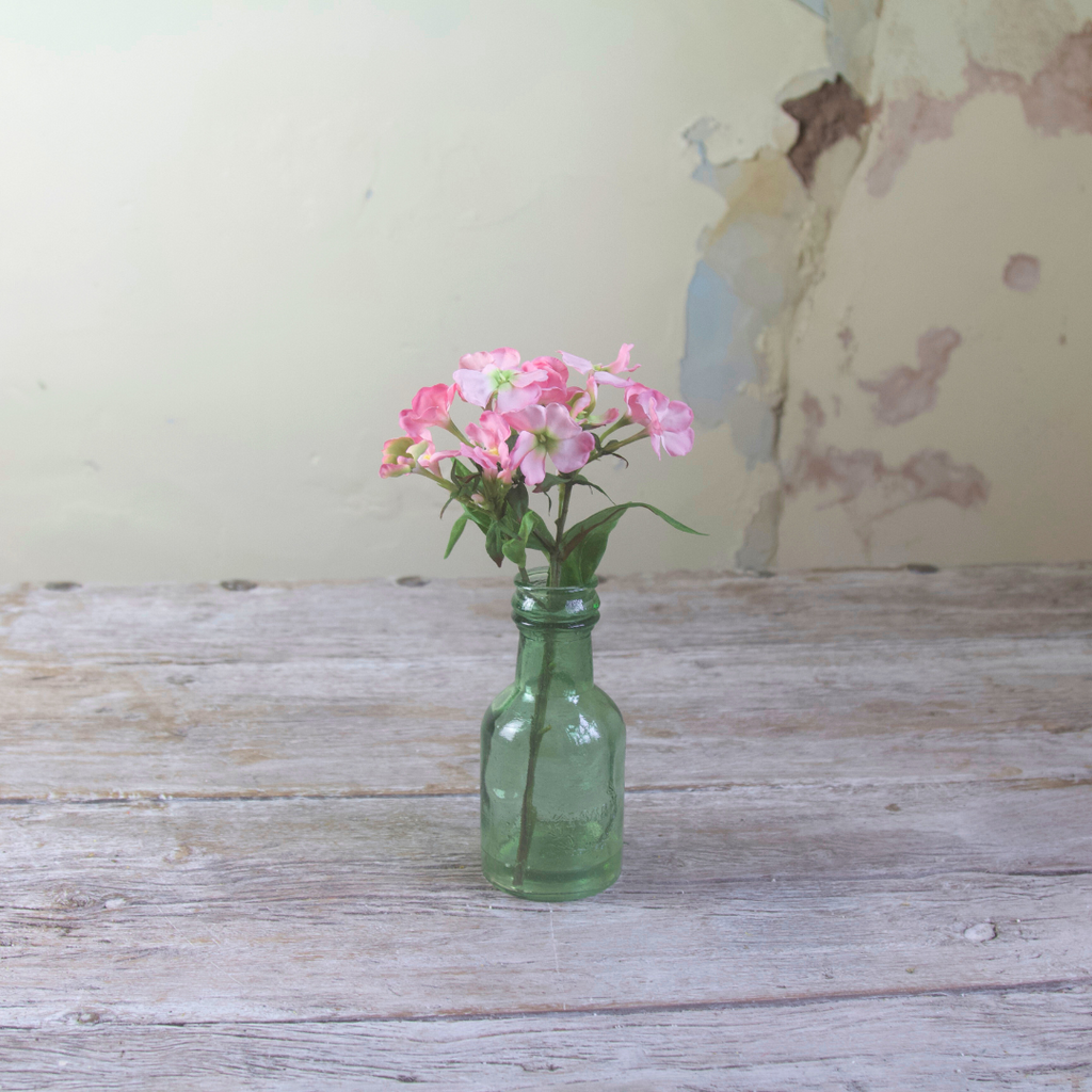 Pink Phlox in a Recycled Green Glass Bottle Vase