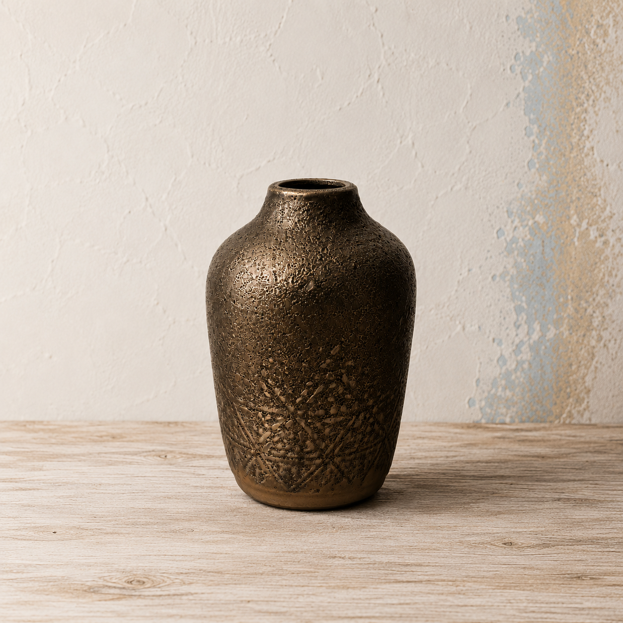 Bronze textured decorative ceramic vase with an elegant sculptural finish.