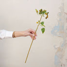 Artificial  Yoshino berry stem being held in hand, featuring clustered green berries with subtle golden tones, small natural-style leaves and a slender woody stem