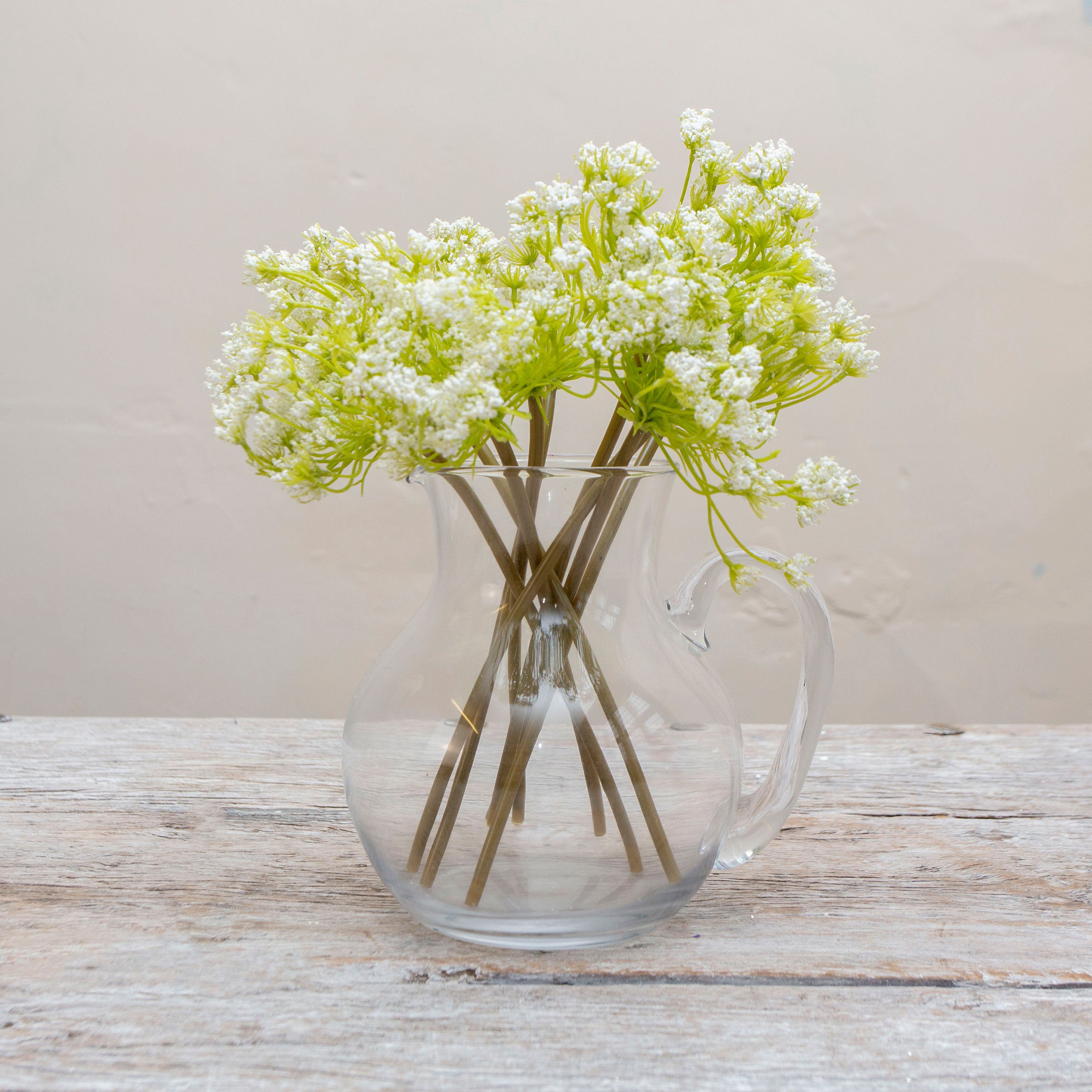Artificial cow parsley (Queen Anne’s lace) stems displayed together in a vase for styling purposes.