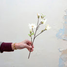Artificial bridal white magnolia blossom spray stem held in hand, featuring open flowers and unopened buds on branching stems