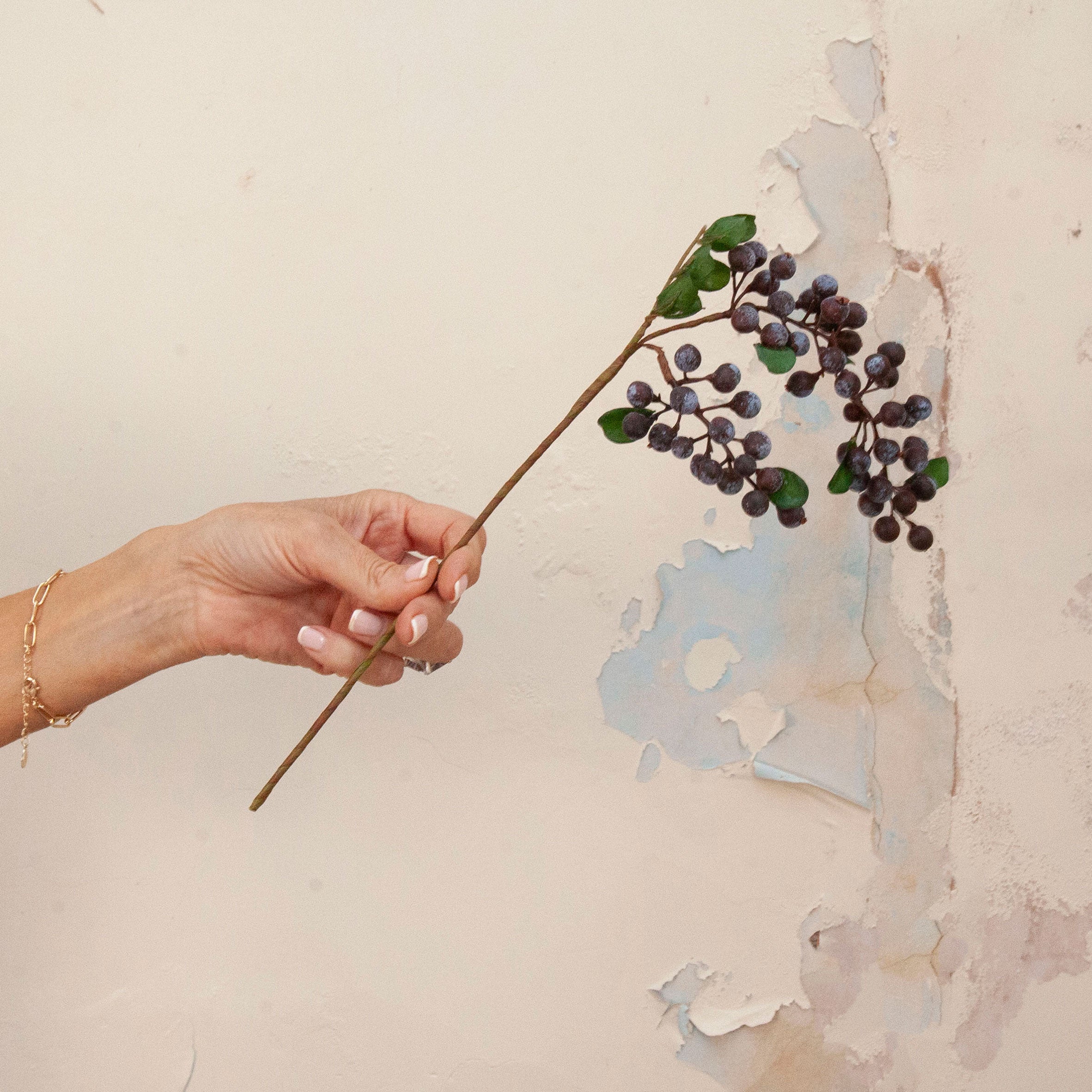 Hand holding artificial purple berry cluster stem with green foliage