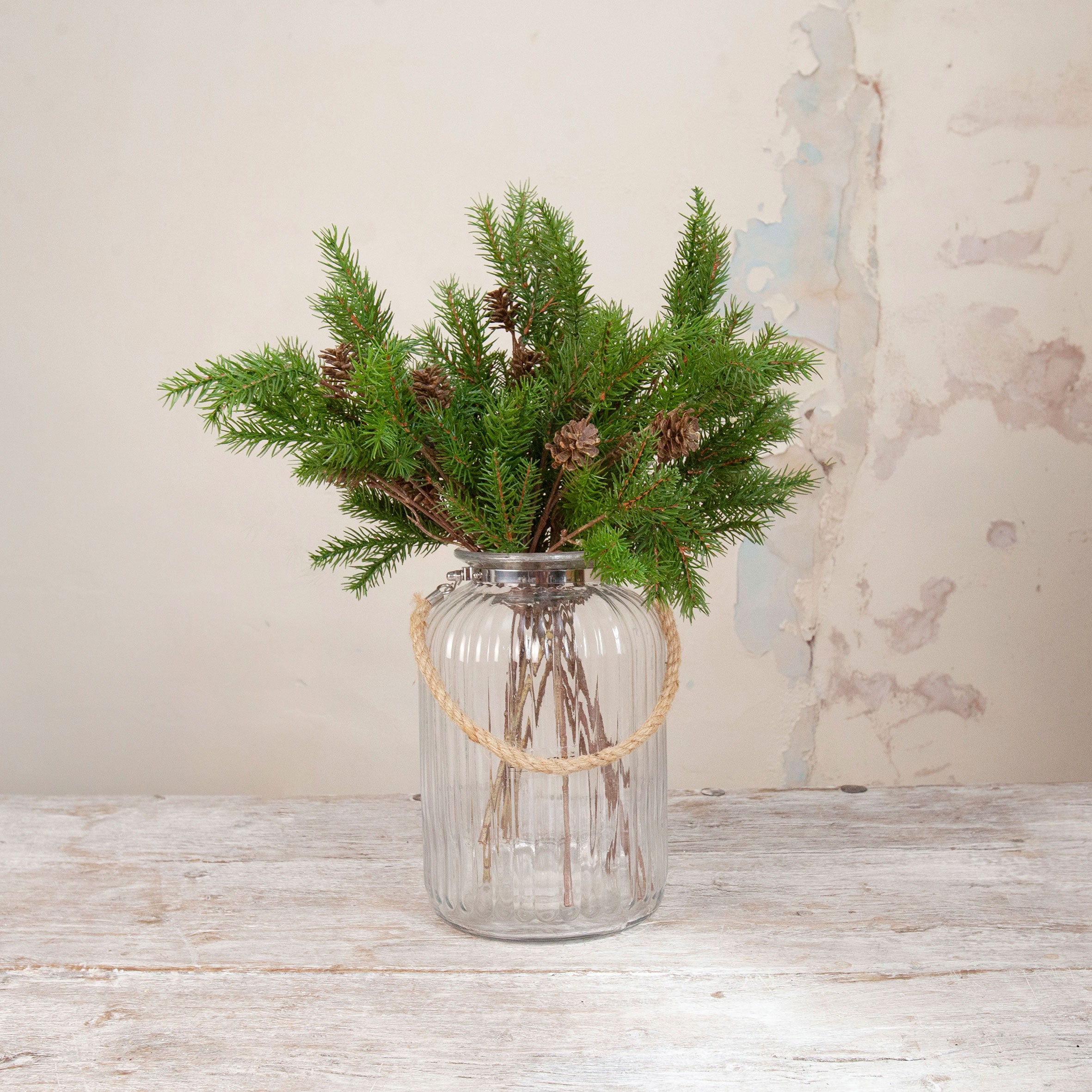 Artificial Pine Cone Stem with realistic green pine foliage and brown pine cones