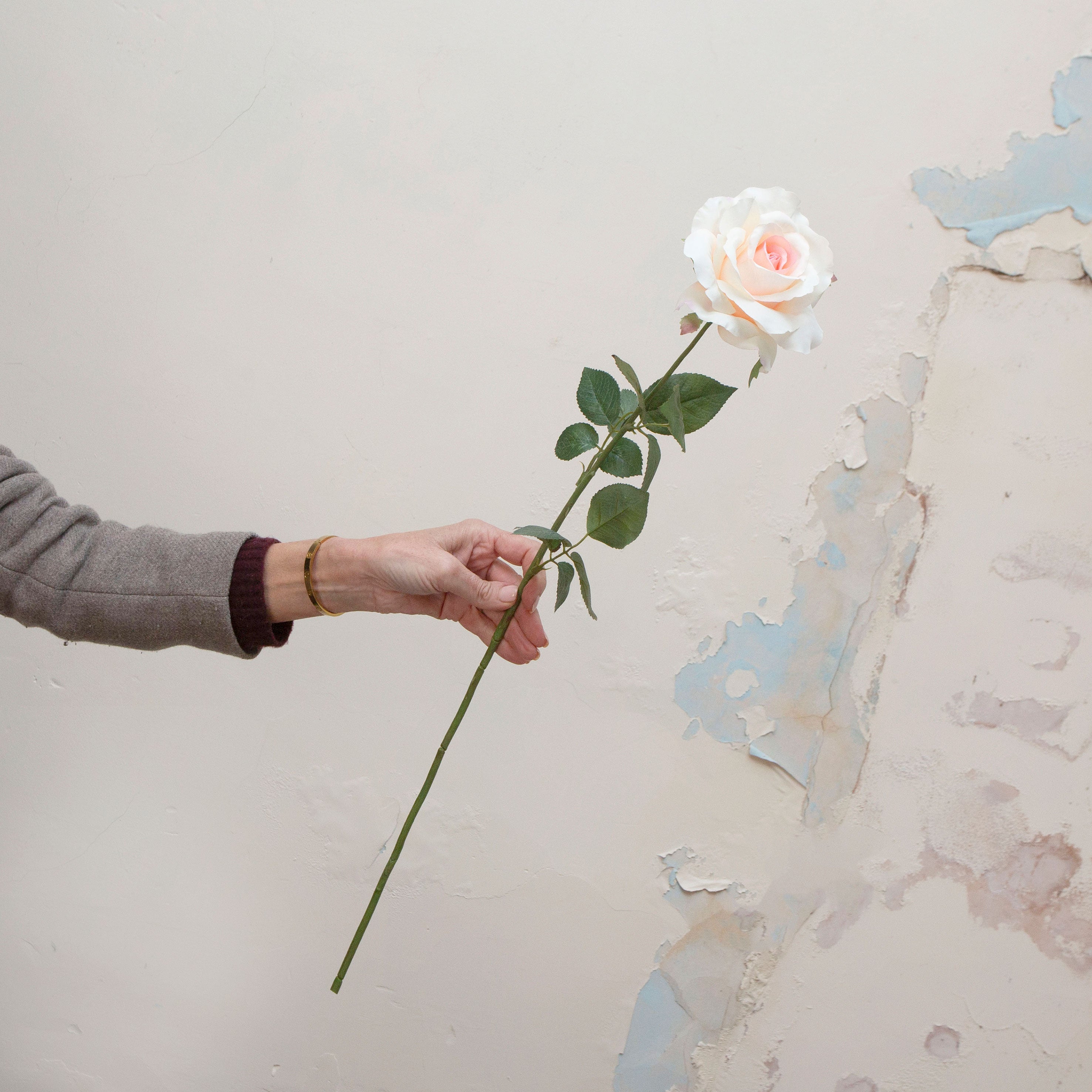 Artificial ivory rose stem held in hand, featuring layered petals with a soft blush centre and green foliage.