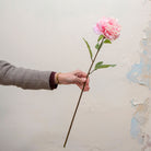 Artificial pale pink peony stem held in hand, featuring a full ruffled bloom and green leaves on a natural-looking stem
