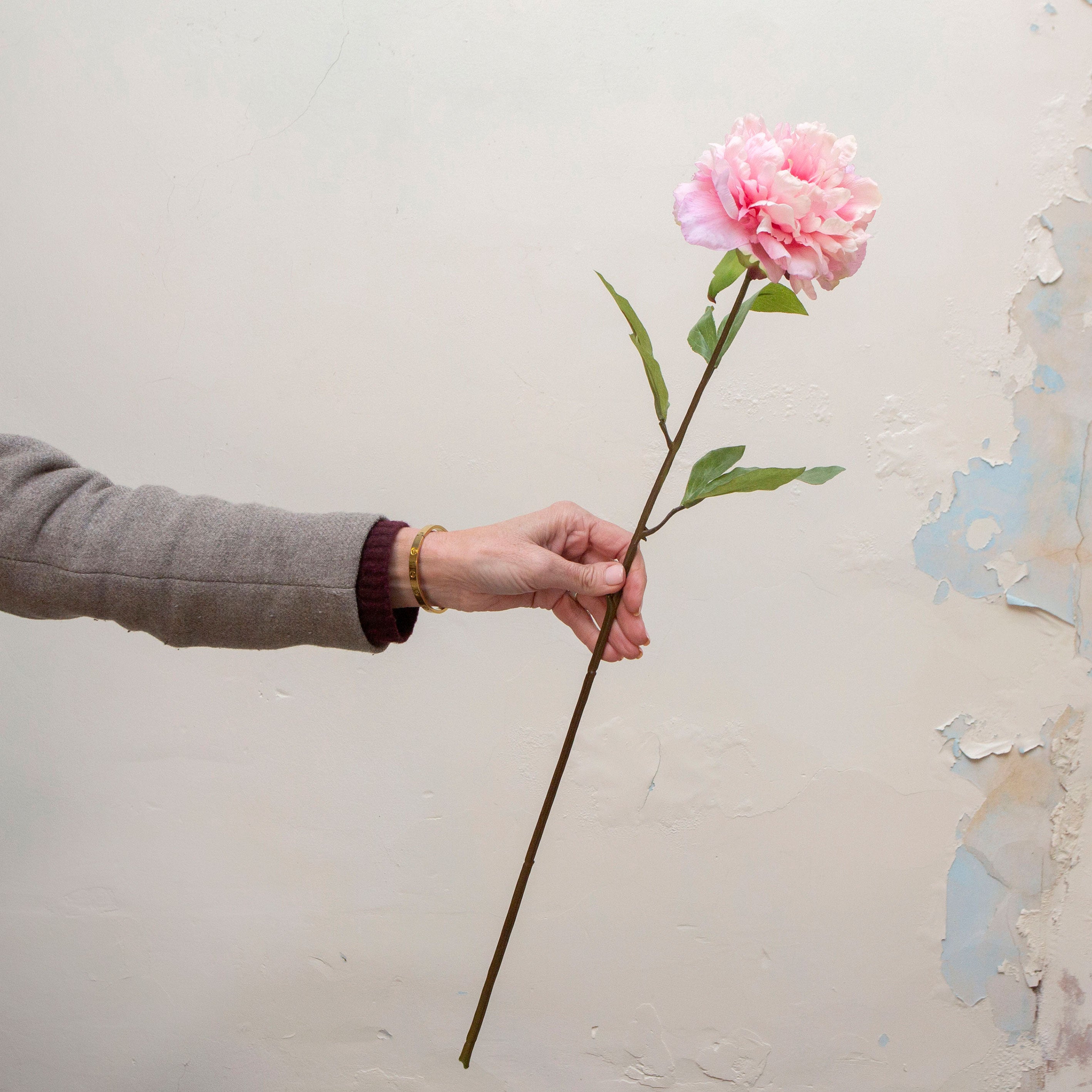 Artificial pale pink peony stem held in hand, featuring a full ruffled bloom and green leaves on a natural-looking stem
