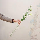 Artificial white lisianthus spray stem held in hand, featuring delicate open blooms, buds, and green foliage
