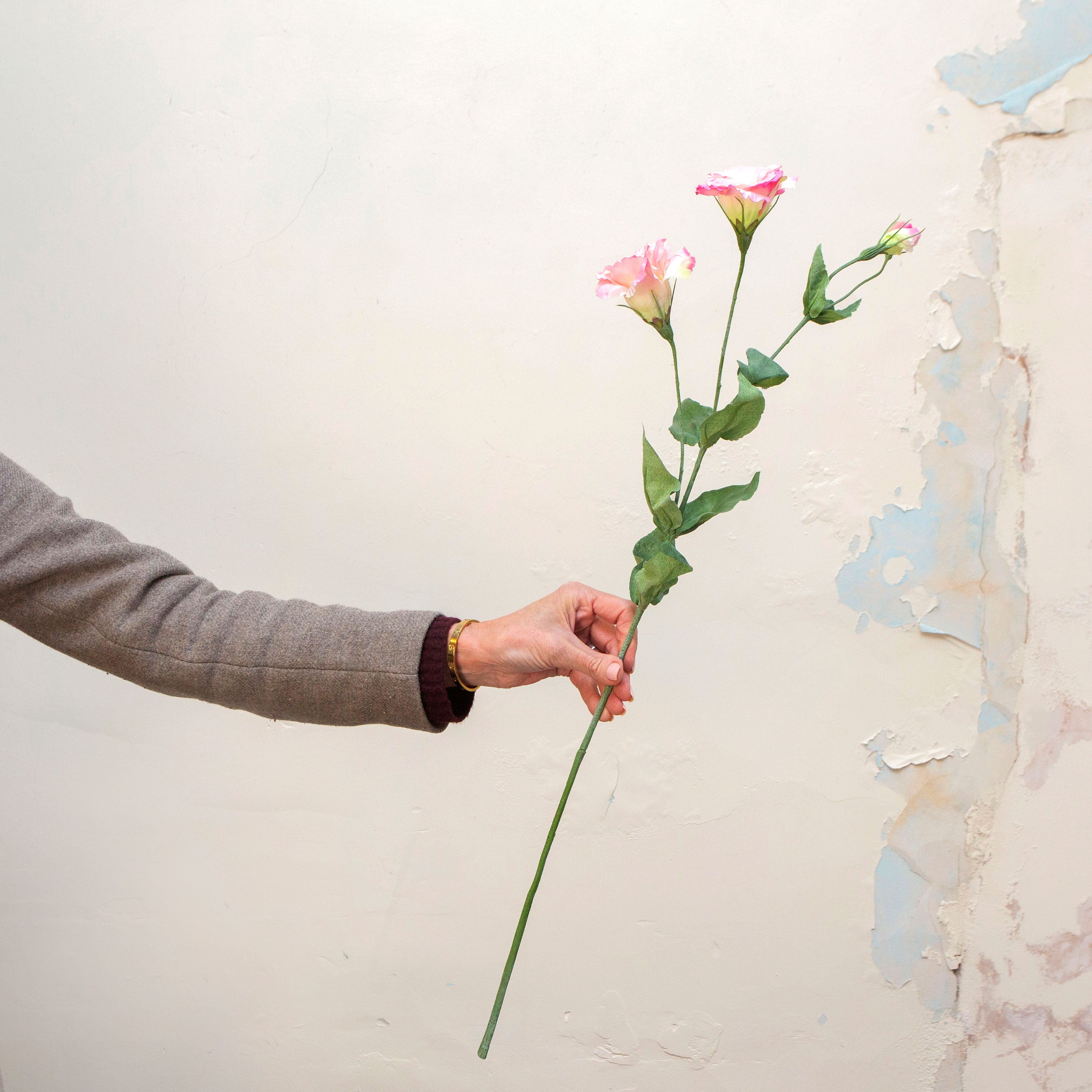 Artificial pale pink lisianthus spray stem held in hand, featuring delicate open blooms, buds, and green foliage