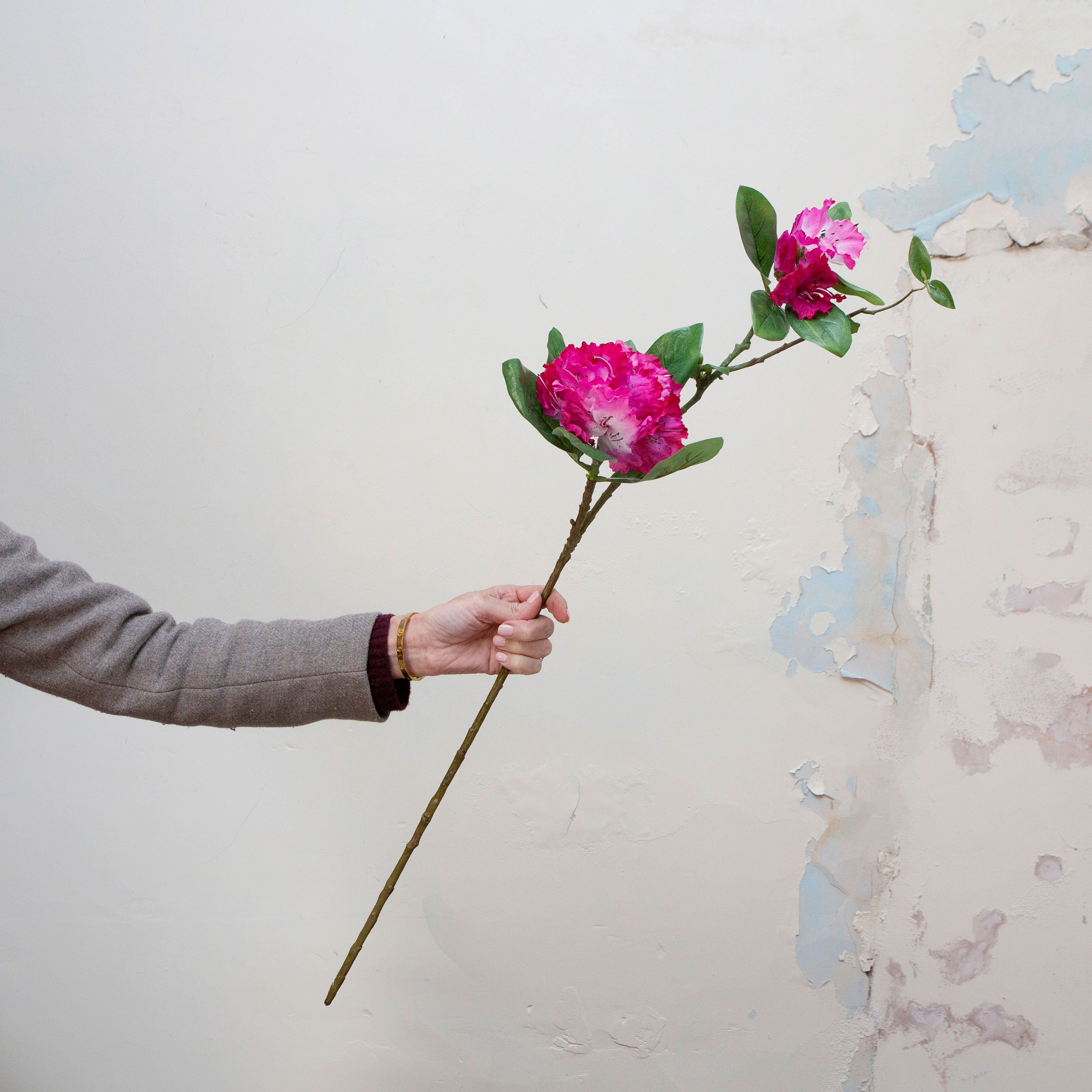 Artificial fuchsia pink rhododendron stem held in hand, featuring soft clustered blooms and green leaves on a woody stem