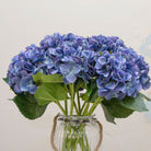 Close-up of artificial deep blue hydrangea flowers showing dense clustered blooms and rich colour detail